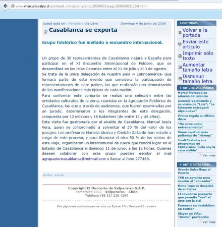 Artículo en Diario El Mercurio de Valparaíso sobre participación de la AFC en Festival de Islas Canarias / Junio de 2006